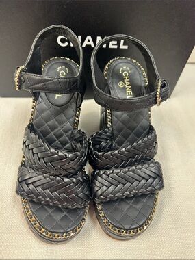 CHANEL Black Braided Leather Platform Sandals with Gold-Trim Chain size 35